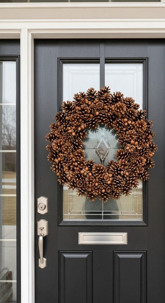 wreath made out of pinecones on a black front door 