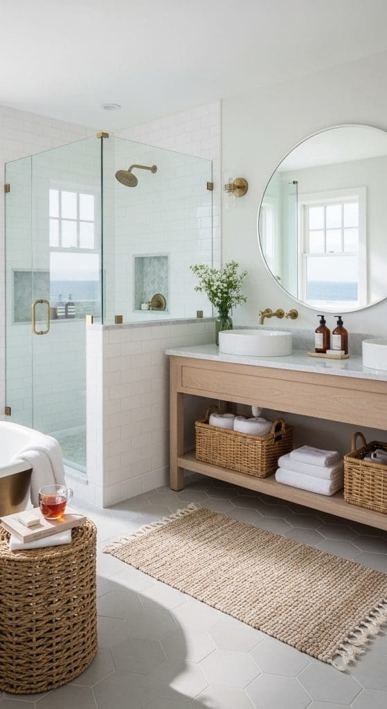 rattan baskets holding white towels in a coastal bathroom