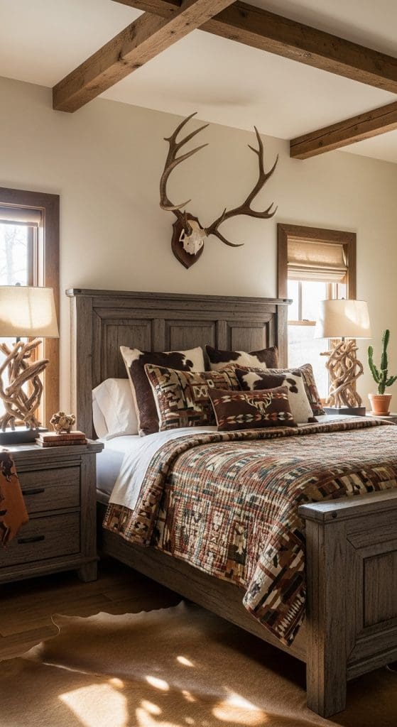 antlers on wall of bedroom