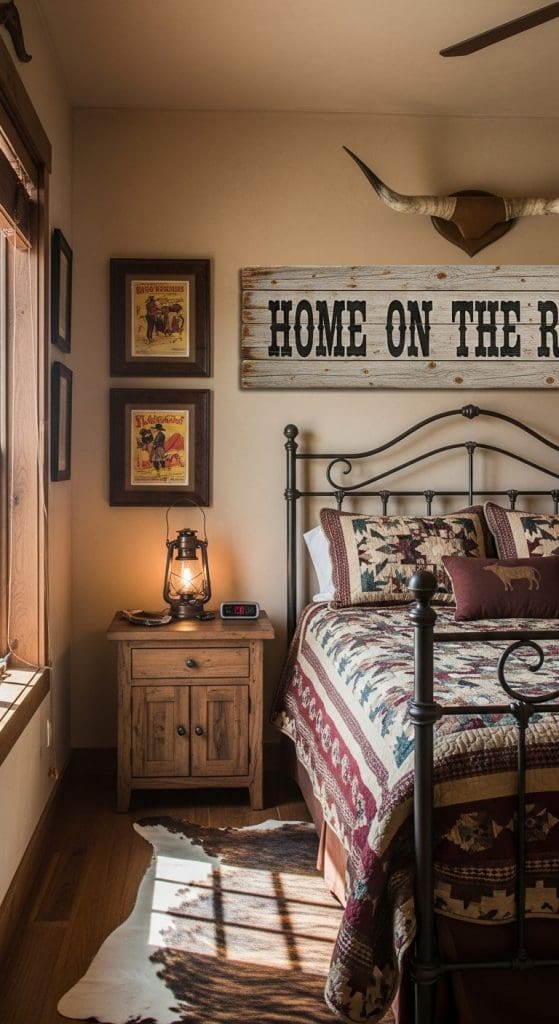 rustic wooden sign above bed in western bedroom
