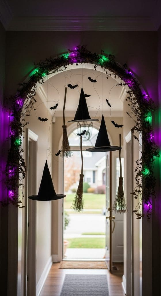 arch with bats and witches brooms indoors in a hallway