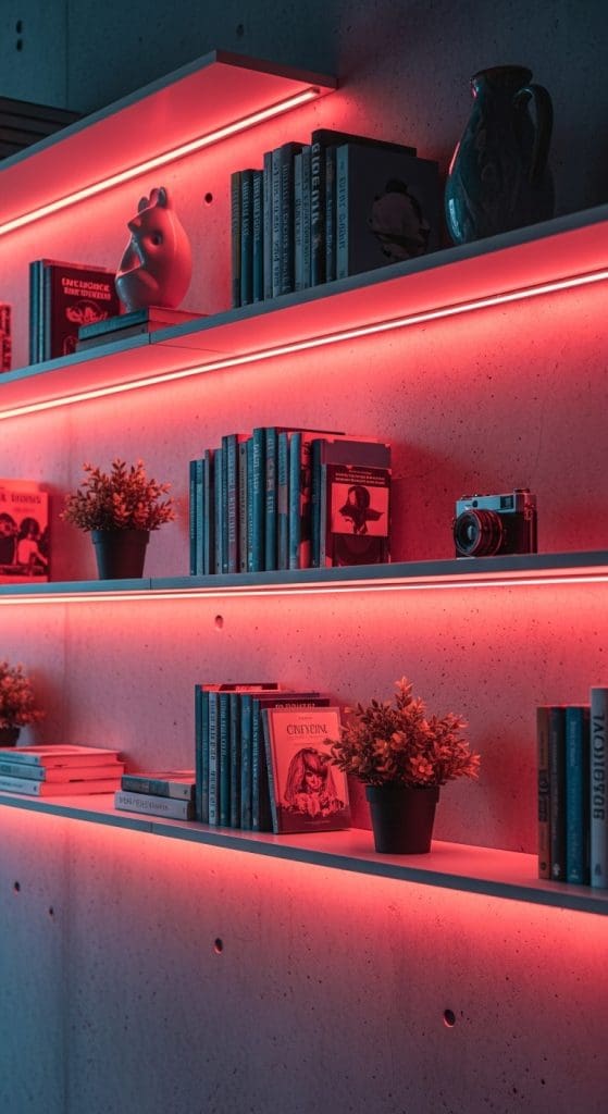 pink neon strip light under bookshelves