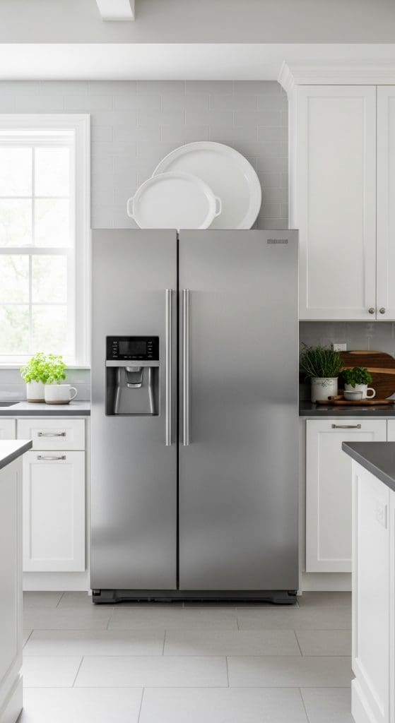 White serving plates on top of the fridge
