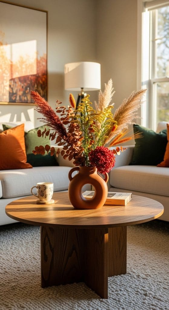 sculptural vase with fall flowers Round Coffee Table Fall Decor