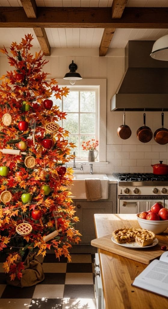 autumn tree in a kitchen with fall leaves, apples and decorative pie slices