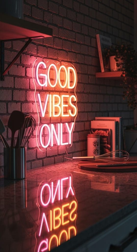 neon good vibes only sign above kitchen counter