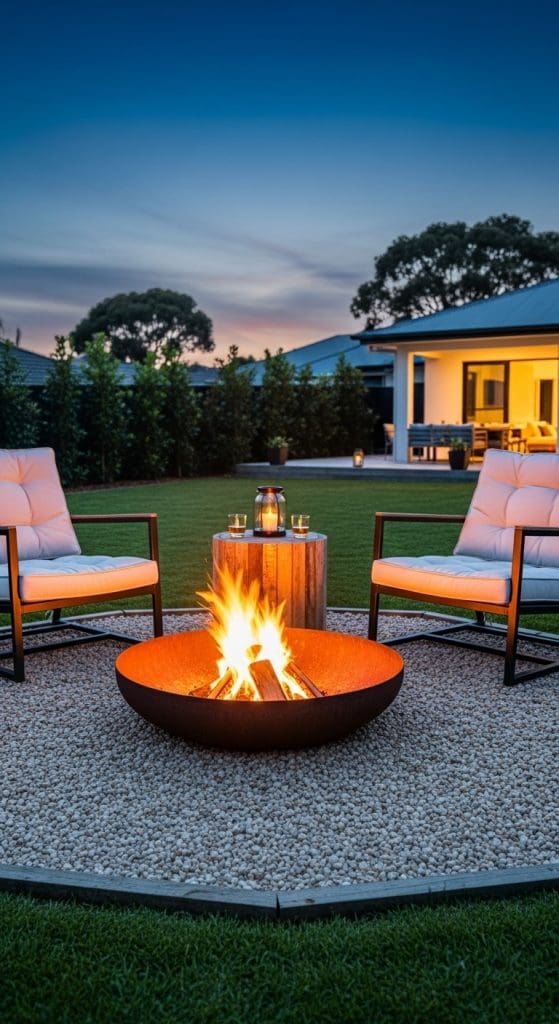 two cushioned chairs on a gravel backyard patch with two sectional chairs