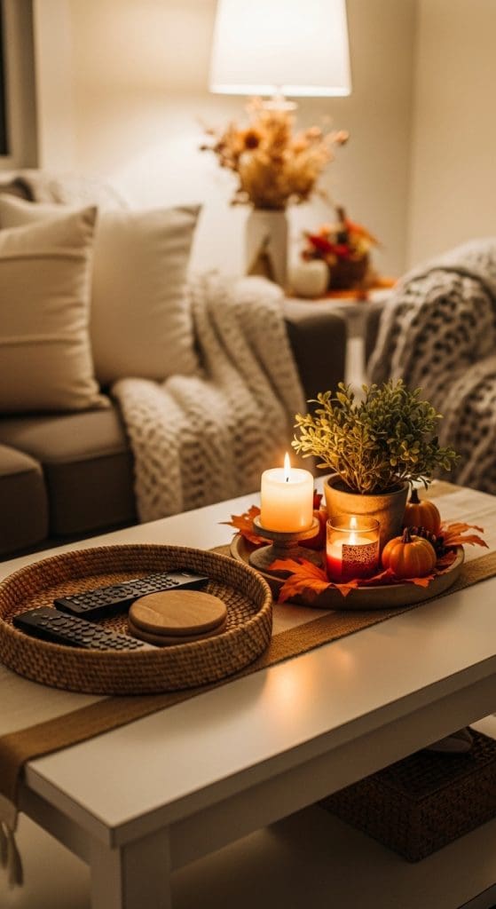 functional wicker baskets with candles and fall decor on Rectangle Coffee Table