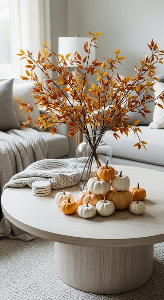 Stacked mini pumpkins next to vase with autumnal sprigs on a round coffee table