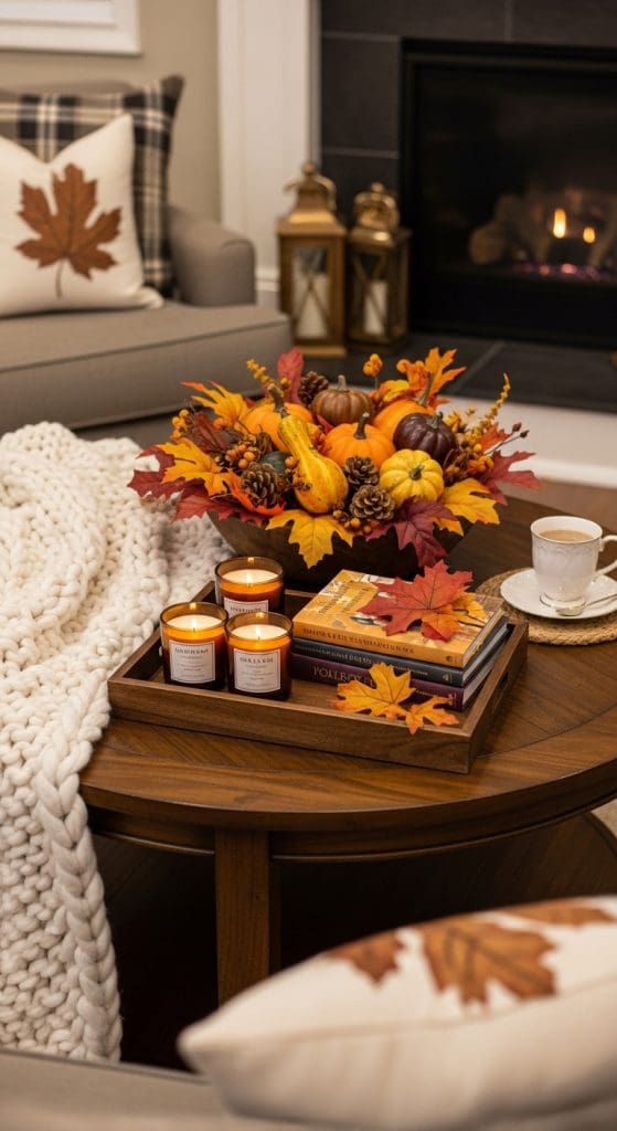 cozy blanket draped over the side of a round coffee table