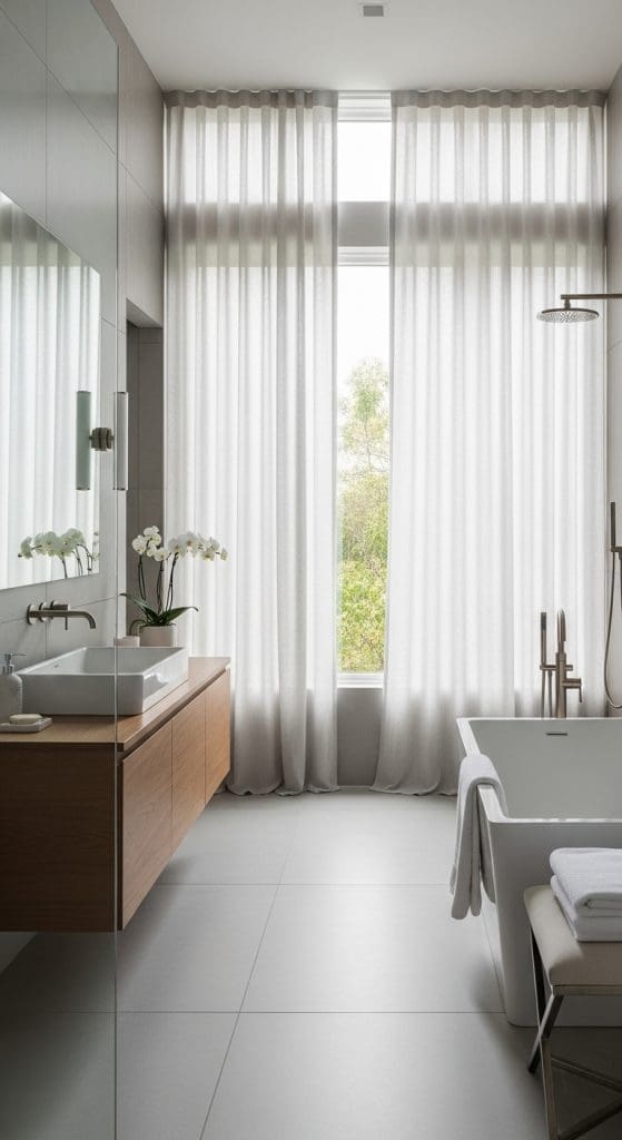 long white linen curtains hanging from windows in luxury bathroom