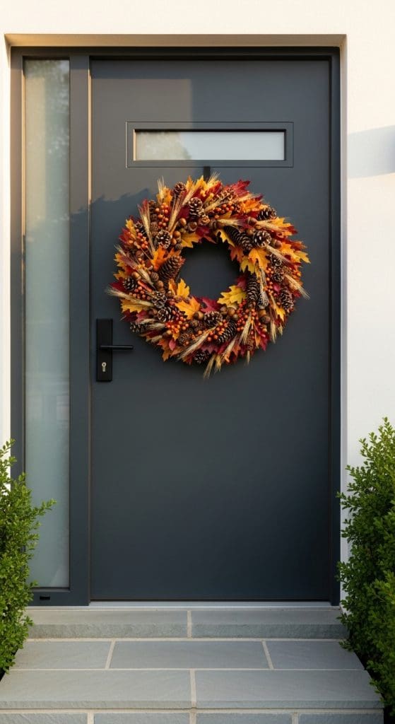 classic autumn leaf wreath on a black front door