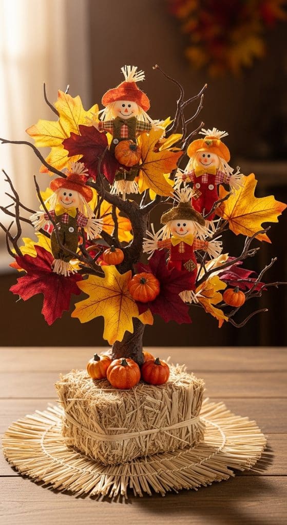 small fall decorated tree with mini scarecrows and fall leaves
