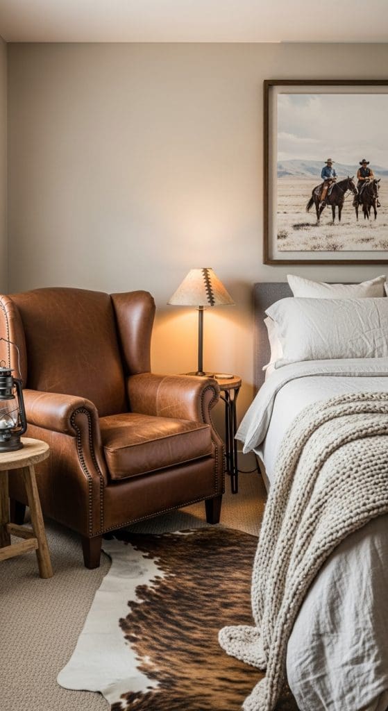 brown leather chair in the corner of a western style bedroom