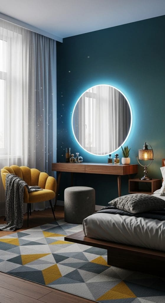 a blue neon lights hines behind a vanity mirror