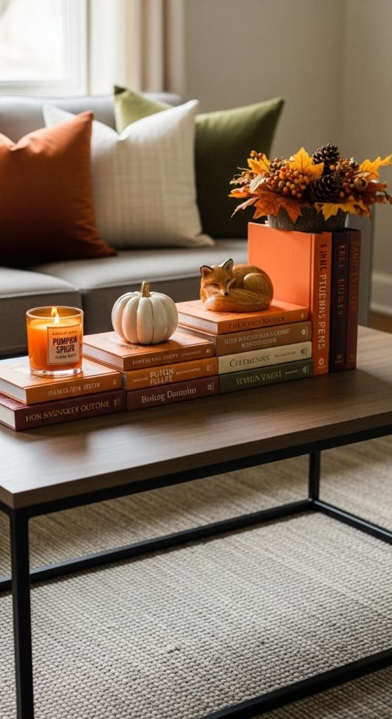 ladder effect book centrepiece display with fall decor on a Rectangle Coffee Table