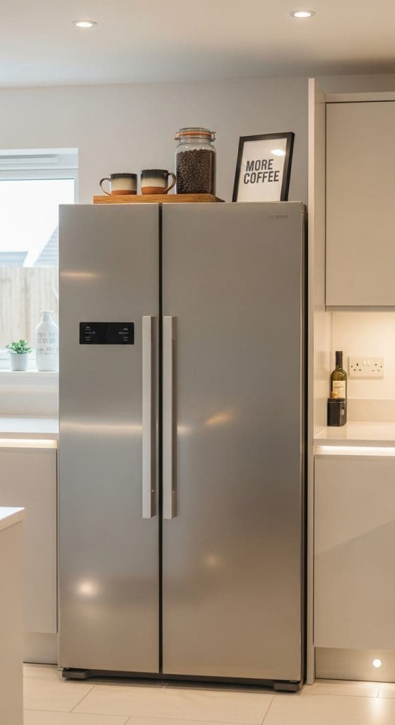 coffee station on top of a silver fridge