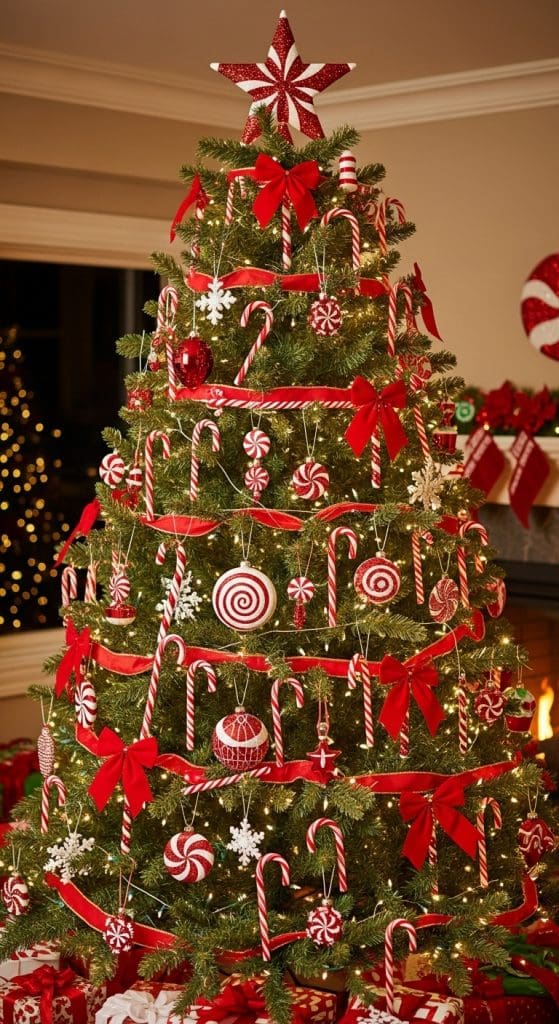 red candy cane decor on a traditional christmas tree