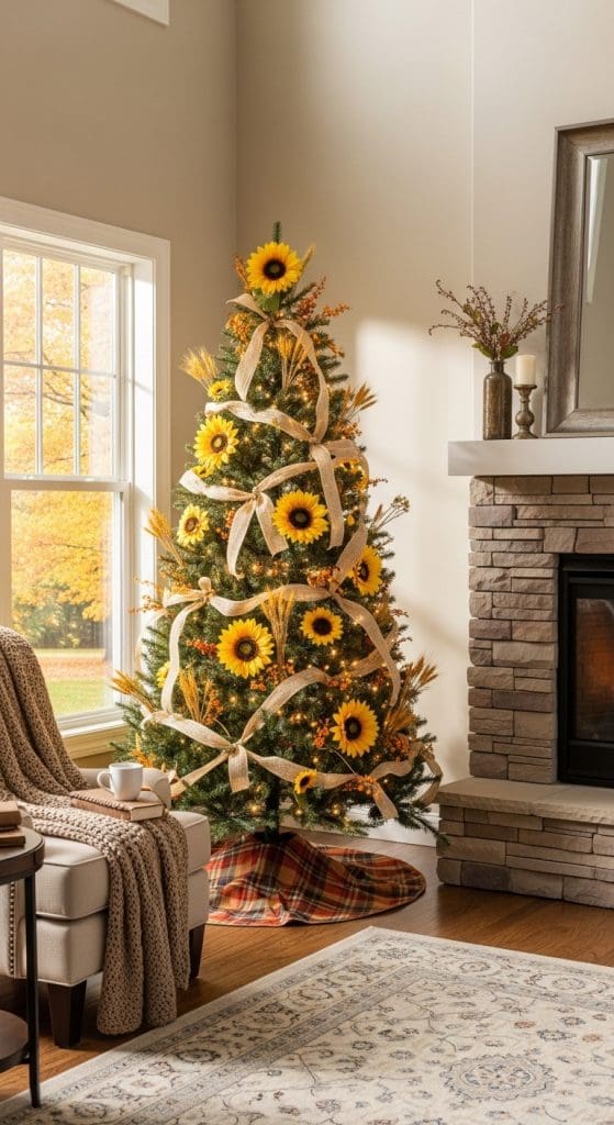 evergreen tree with burlap ribbon, sunflowers and fairy lights in living room