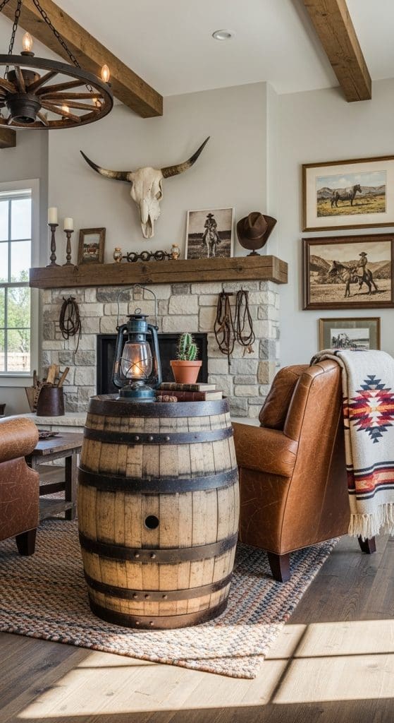 whiskey barrel used as a side table  in a living room