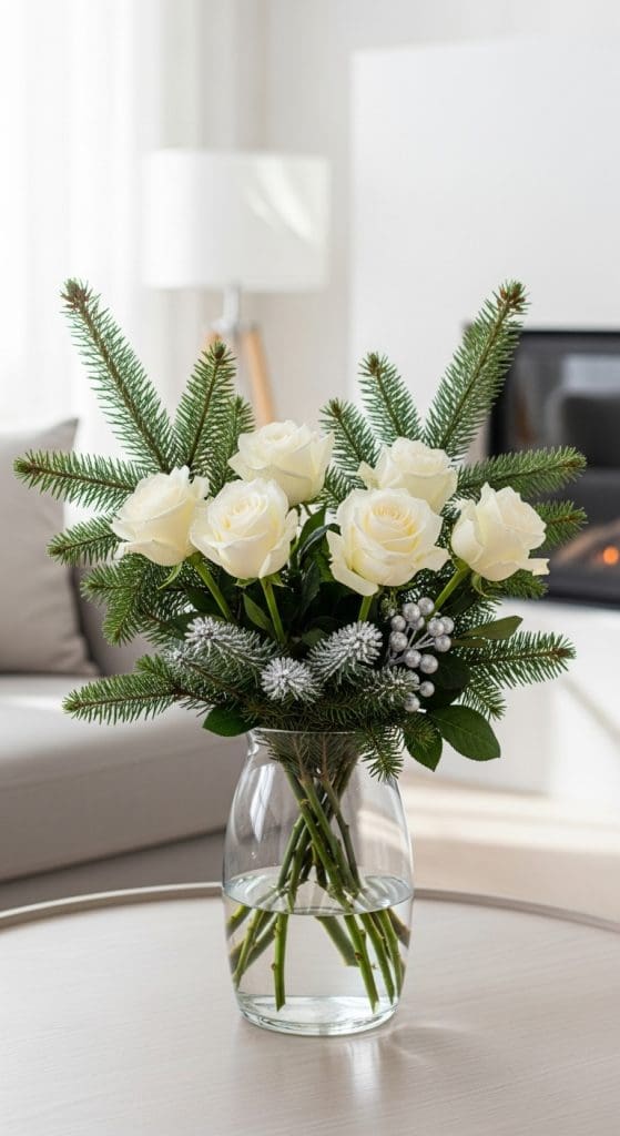 white rose and evergreen stems Winter Flower Arrangement