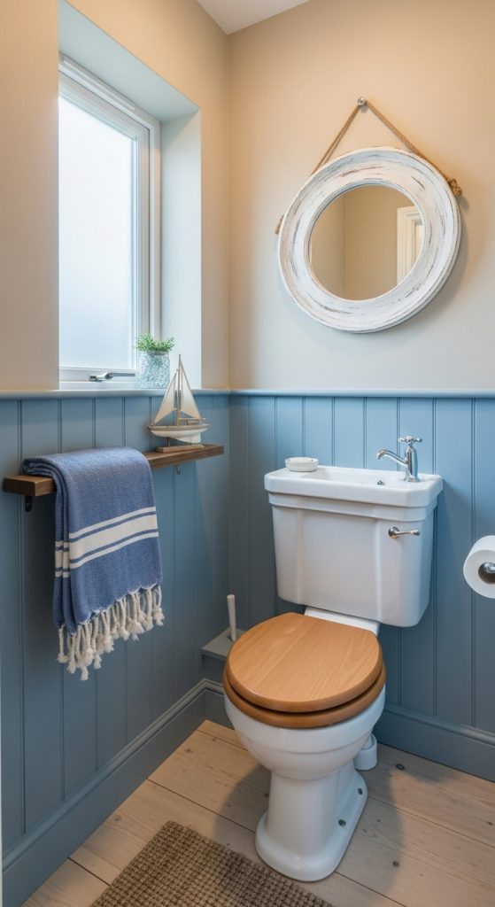 wooden shiplap painted blue on a toilet wall and a blue turkish towel