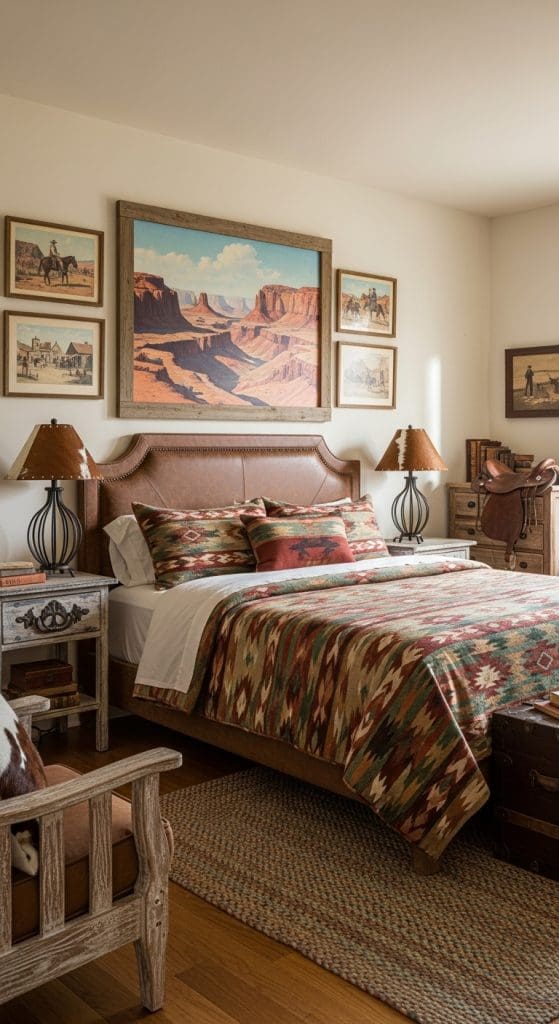Western-style bedroom with large landscape paintings of the desert