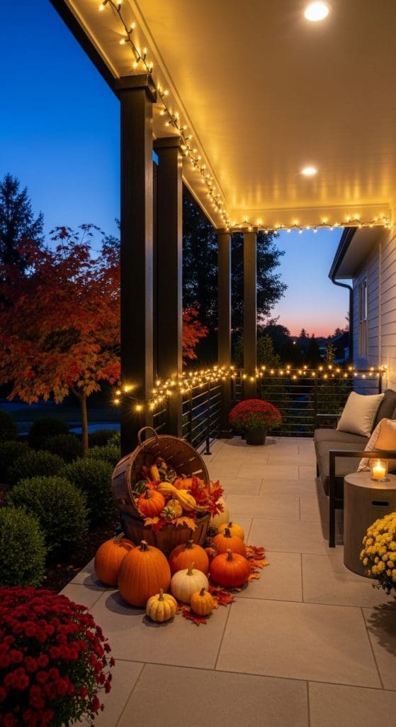 fairy lights surrounding front porch as part of Fall Front Porch Fall Decor