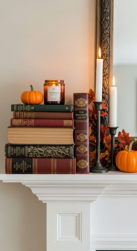 vintage books on a mantle with candles and mini pumpkins