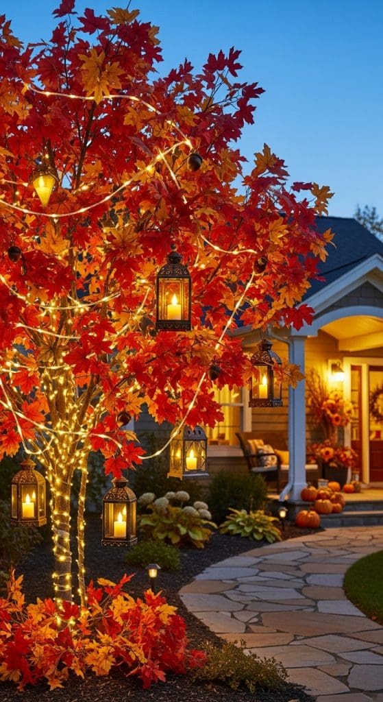 front yard with a fall tree decorated in fall leaves, fairy lights and lanterns
