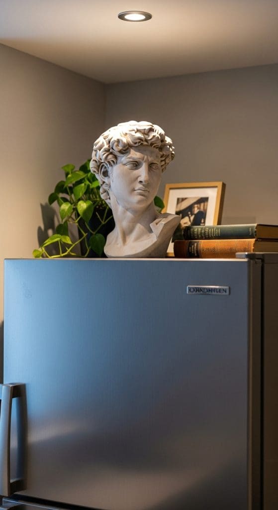 sculptural bust on top of fridge with vintage books