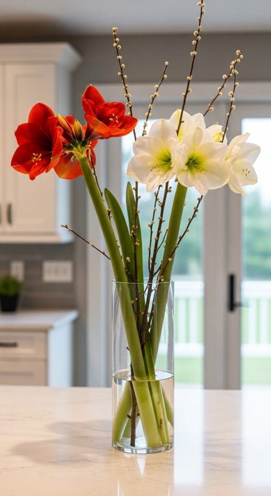 tall glass with Amyaryllis in white and red on a white kutchen counter