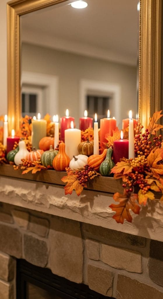 wooden tray on mantle filled with fall decor