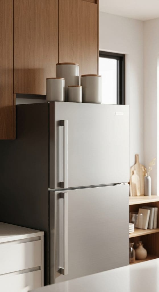 White cannisters with wooden lids on top of a silver fridge