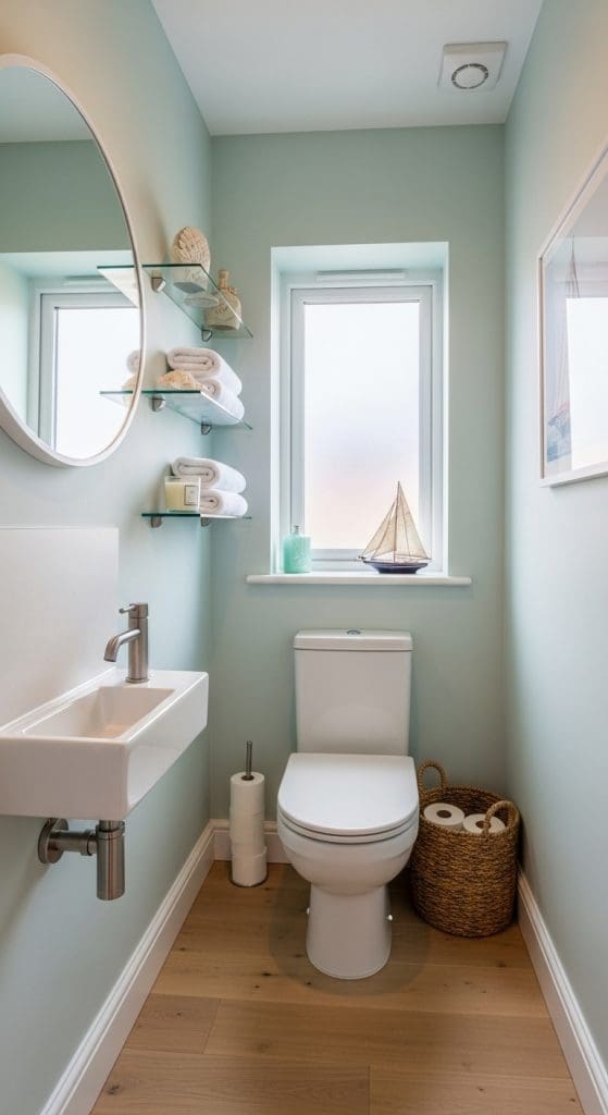 glass shelves in a sea green bathroom holding white towels