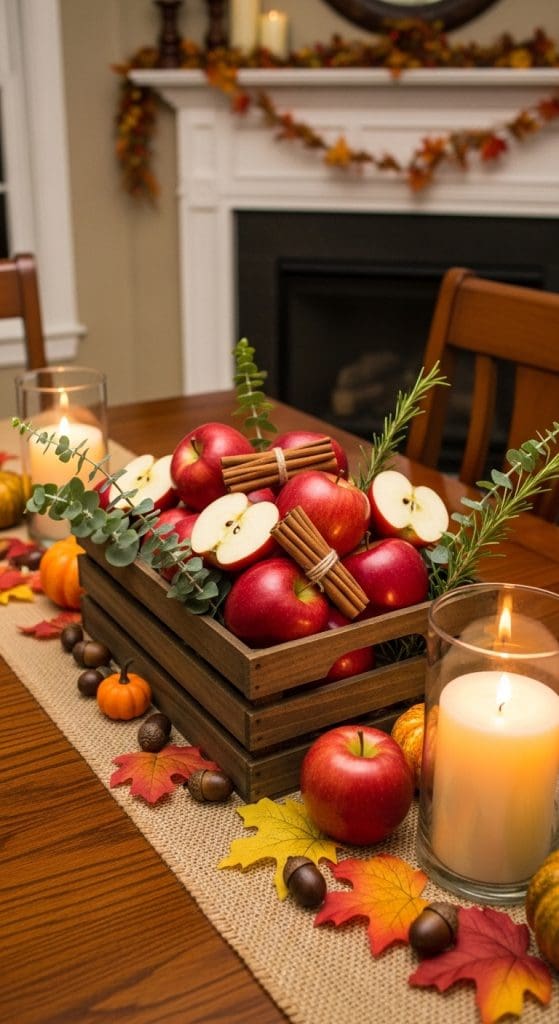 rustic crate filled with apples and cinnamon sticks as a fall centrepiece 