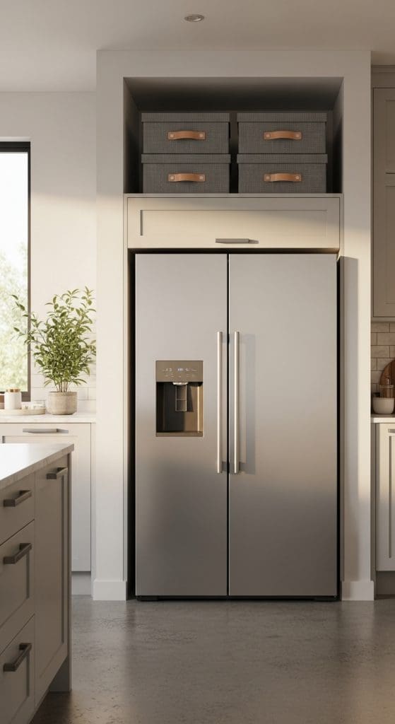 matching grey boxes on shelf above fridge