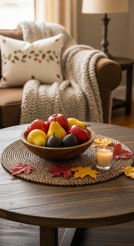 fall fruit in a wooden bowl on a woven placemat with some autumn leaves