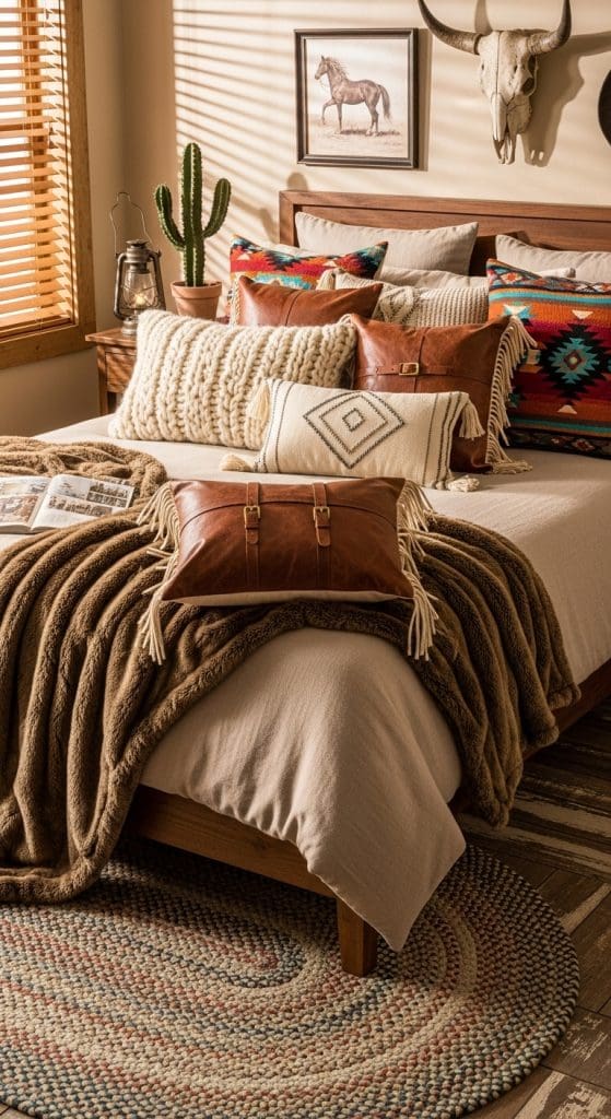 western inspired throw pillows on bed