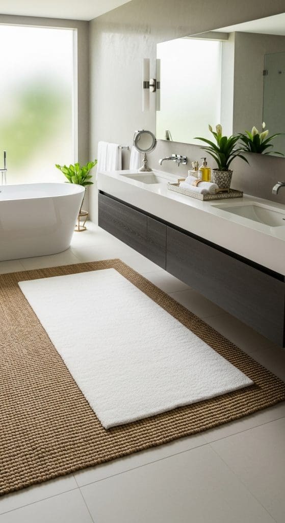 plush white rug on top of rattan rug in home spa bathroom 