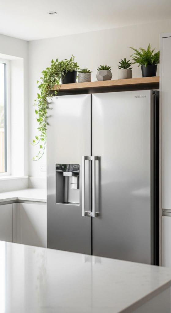 floating wooden shelf above fridge with potted plants on