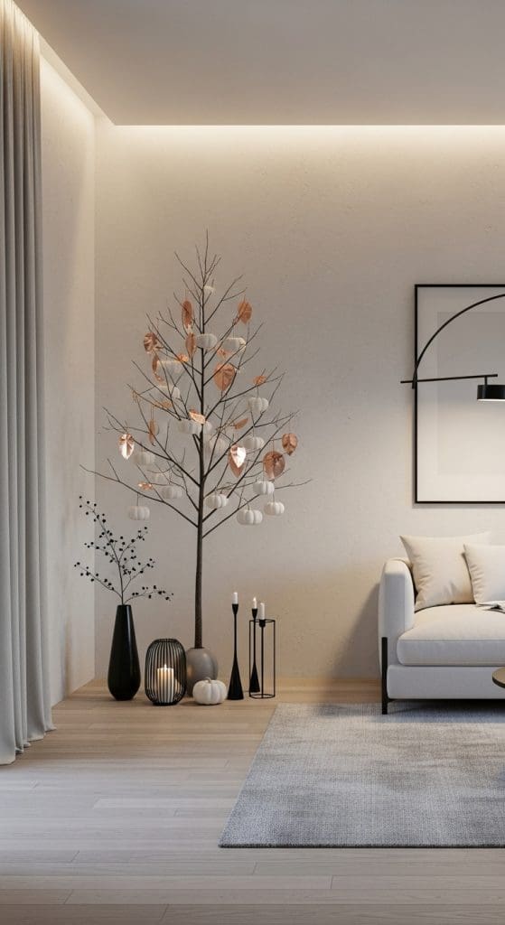 minimal tree with white mini pumpkins and bronze leaves