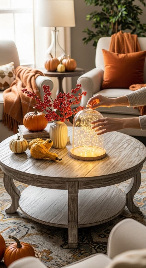 Cloche glass with fairy lights and red berries in ceramic base and mini pumpkins