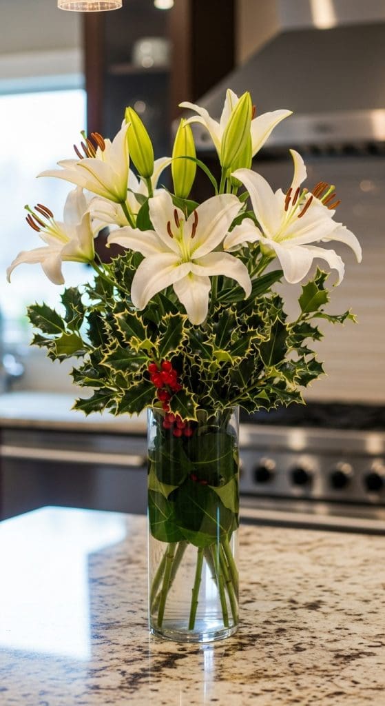 white lillies mixed with holly in a glass vase on kitchen counter Winter Flower Arrangement