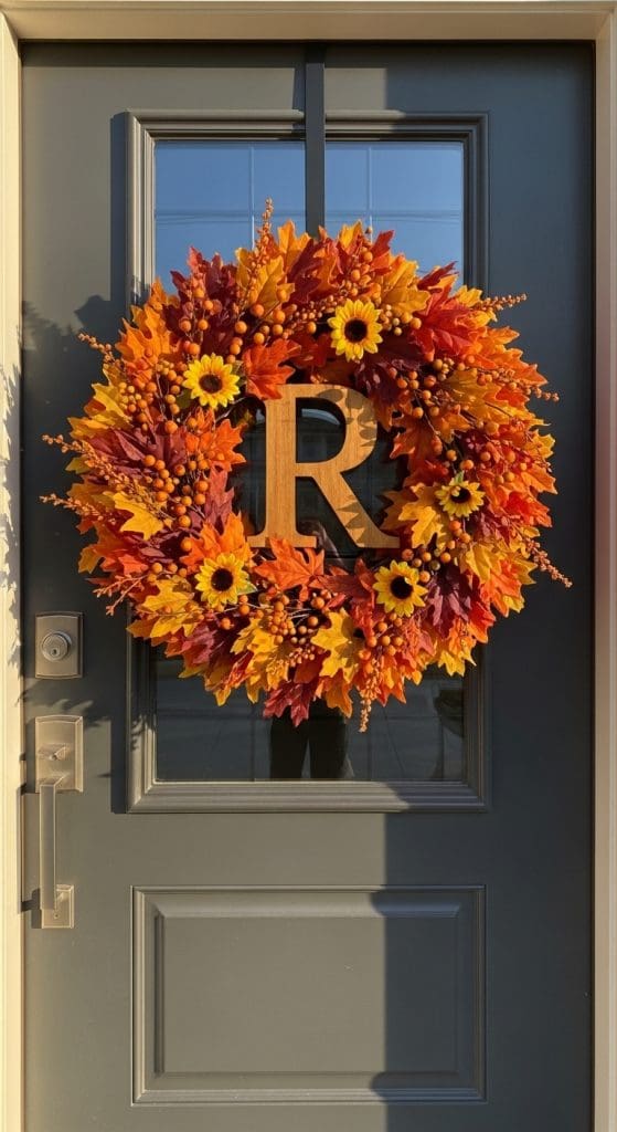 monogram wooden R in a wreath made of fall leaves and sunflowers