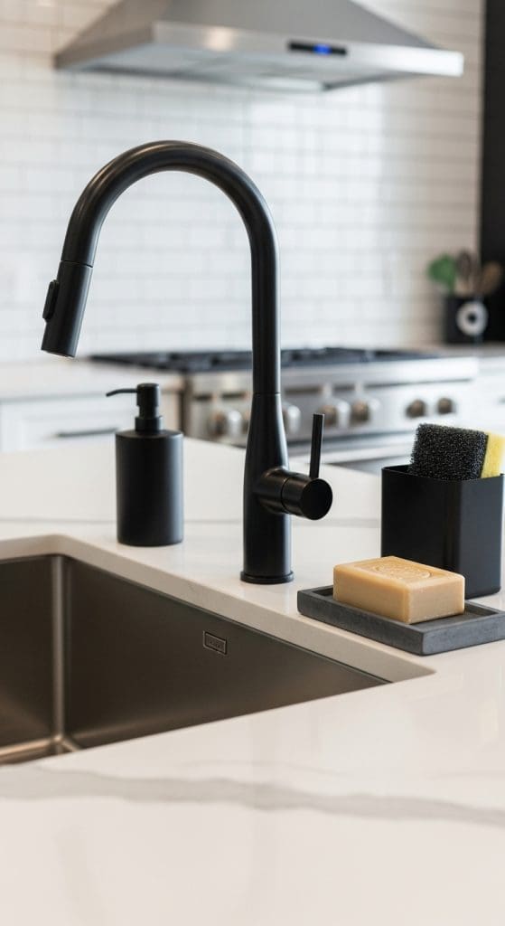 black slate soap bar tray next to kitchen sink with black accessories