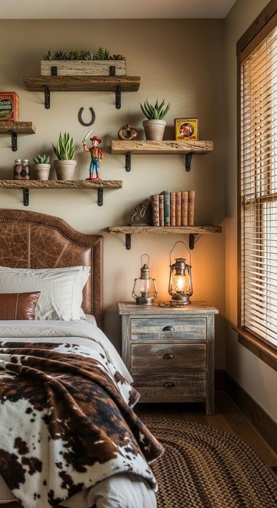 rustic wooden shelves in a western bedroom