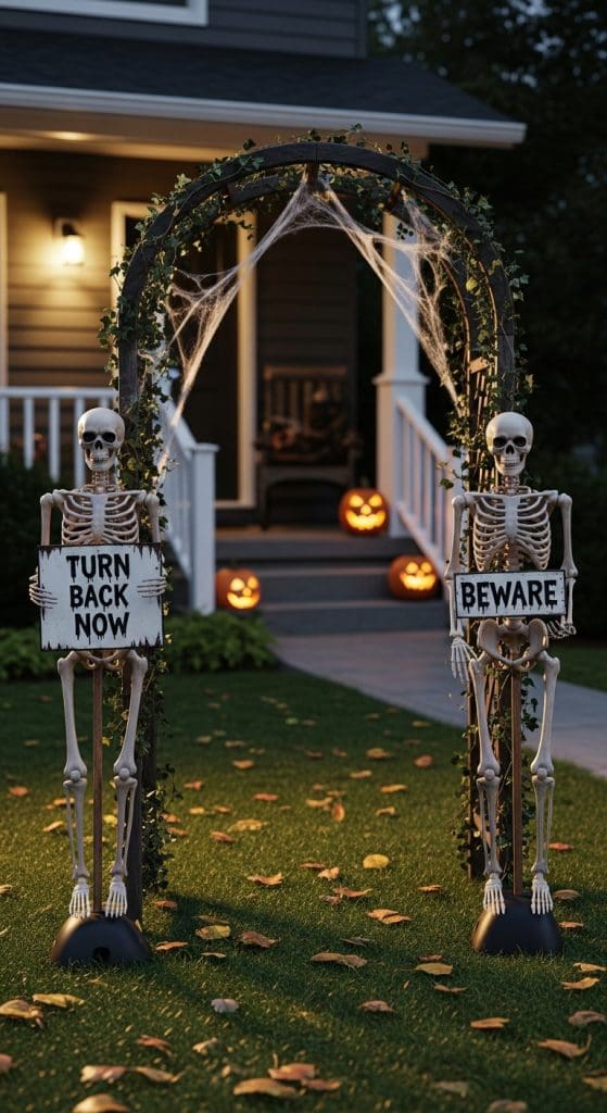 Skeleton guards on an archway in a front lawn