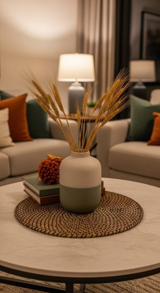 large ceramic vase with wheat sprigs on a brown woven placemat on a coffee table