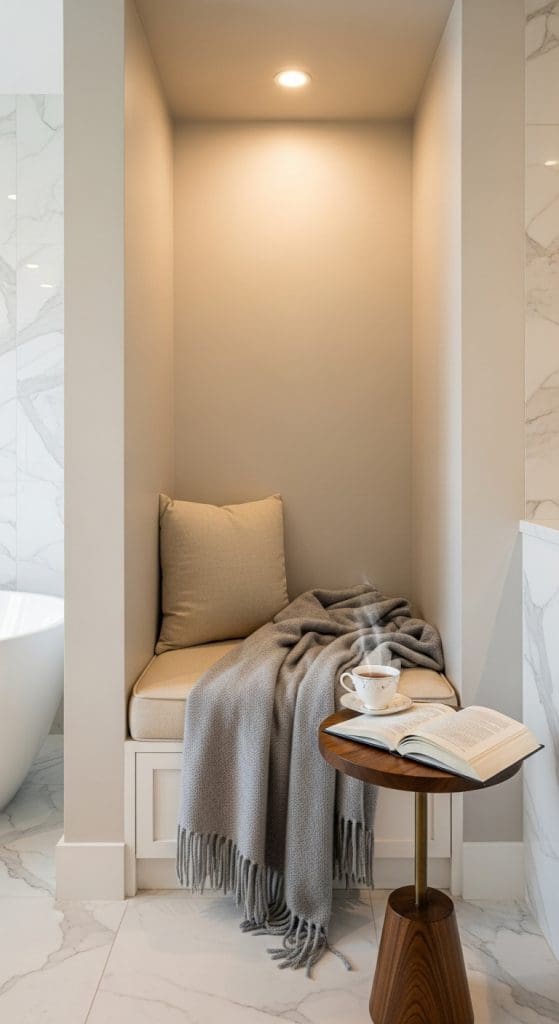 reading nook with a grey throw and pillow in a bathroom